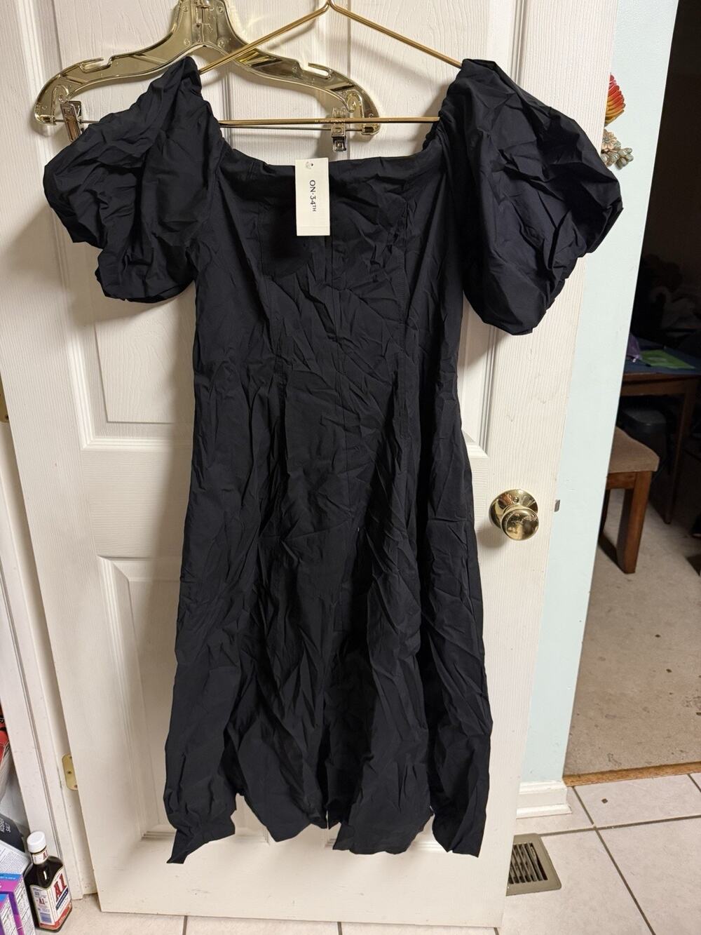On 34th Fit Flare Puff Sleeve Shirtdress Dark Black Size Large 34x44 Stretch